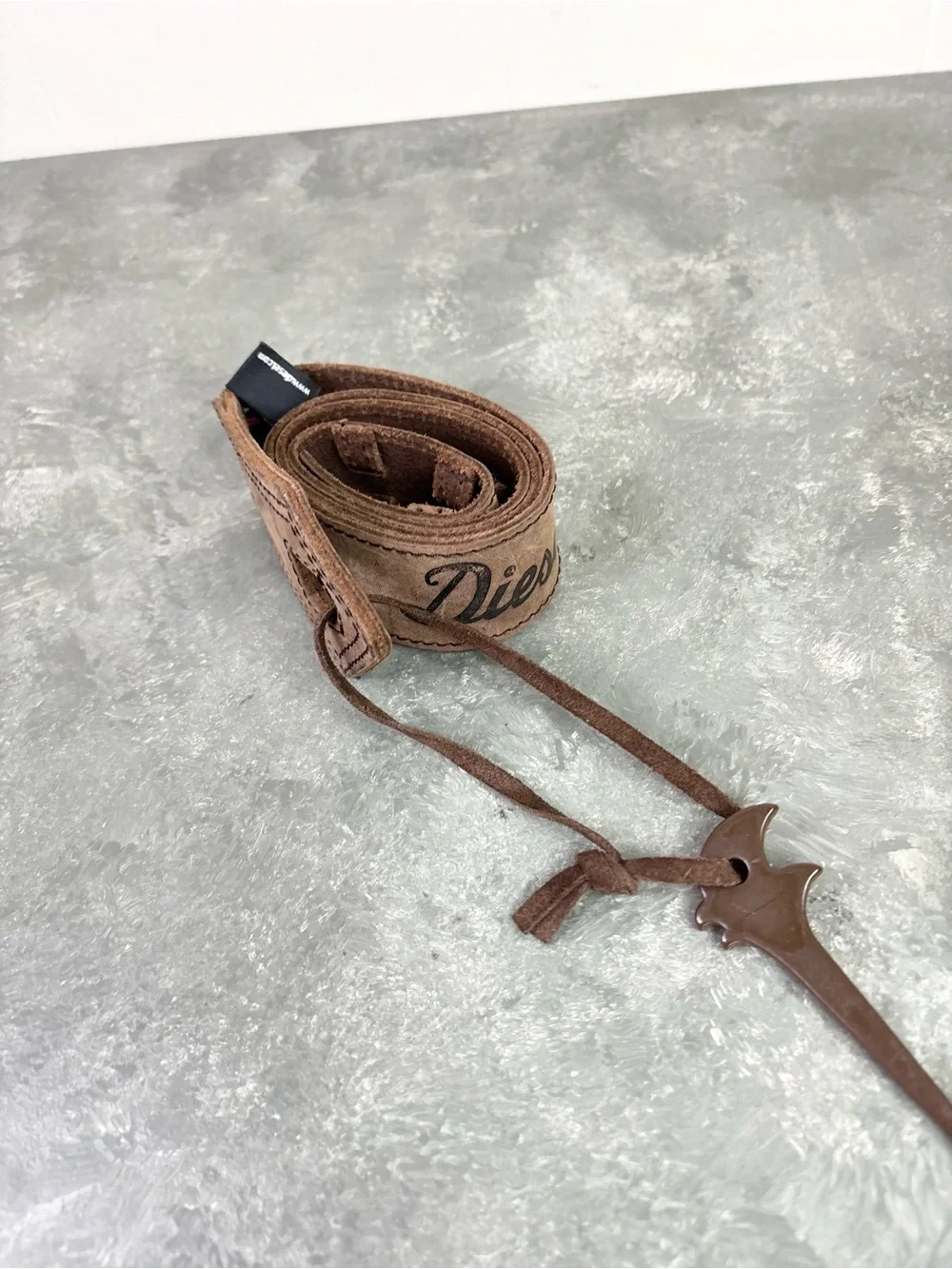Diesel brown leather belt matured finish signature script logo dagger 34 inch